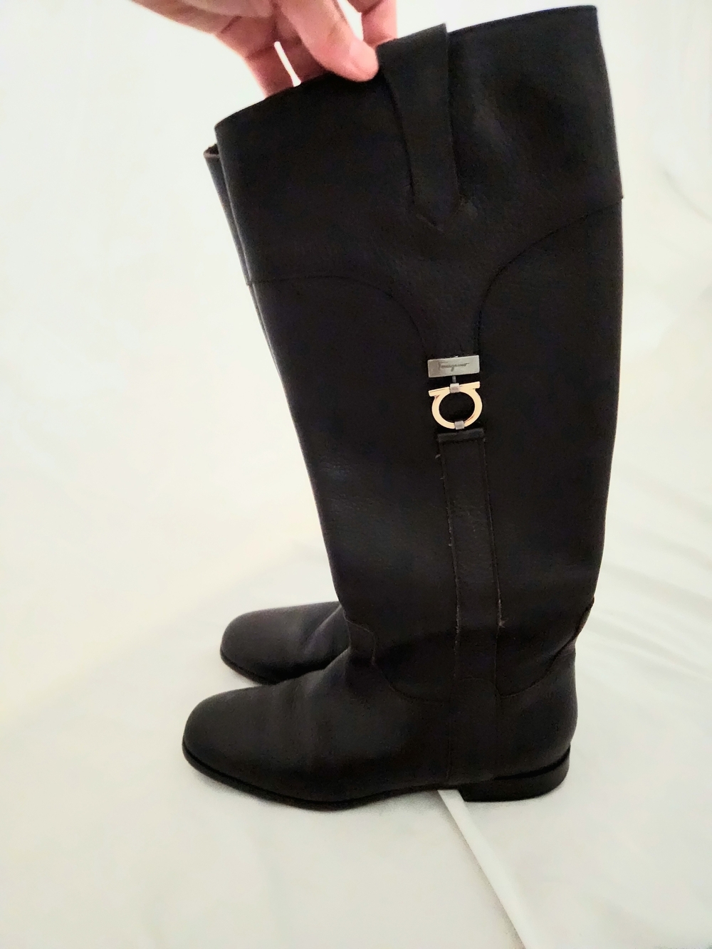 Salvatore Ferragamo Black Leather Over-the-Knee Riding Boots with Gold Hardware